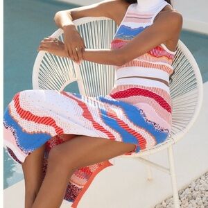 Anthropologie Colorful Striped Knit Midi skirt  size L Large beachy coastal boho